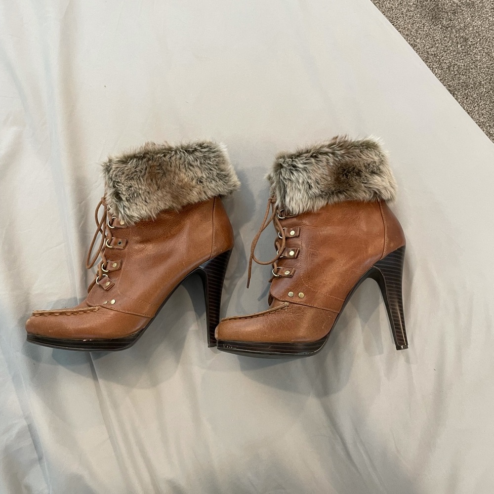 Ann Taylor Loft Fur Cuff Heeled Ankle Boots 8.5